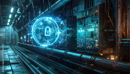 Cybersecurity Hub: A mesmerizing digital artwork captures a high-tech cybersecurity hub, radiating a sense of protection and technological advancement.
