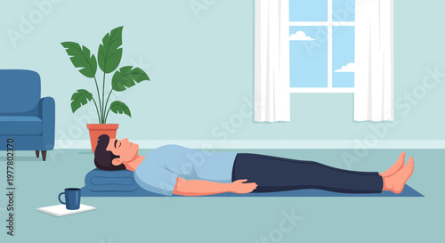 Person relaxing on yoga mat with plants and furniture in a bright room in mid afternoon light during a mindfulness practice