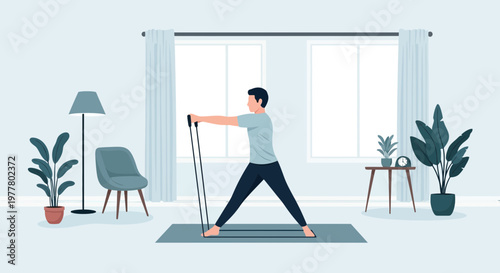 Man exercises with resistance bands at home in a bright room with plants and windows during daytime