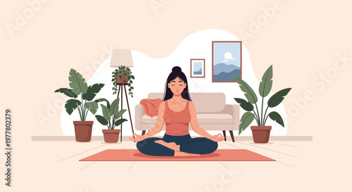 Woman meditates in a cozy room with plants and soft light during the daytime