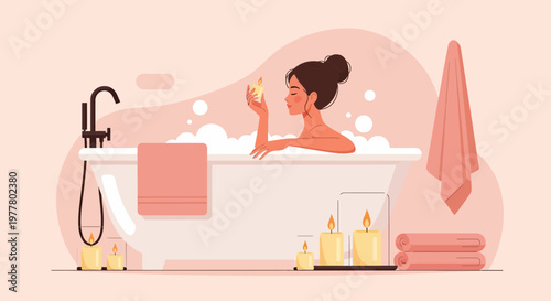 Woman relaxes in bathtub with candles, enjoying a moment of self-care in a bathroom setting