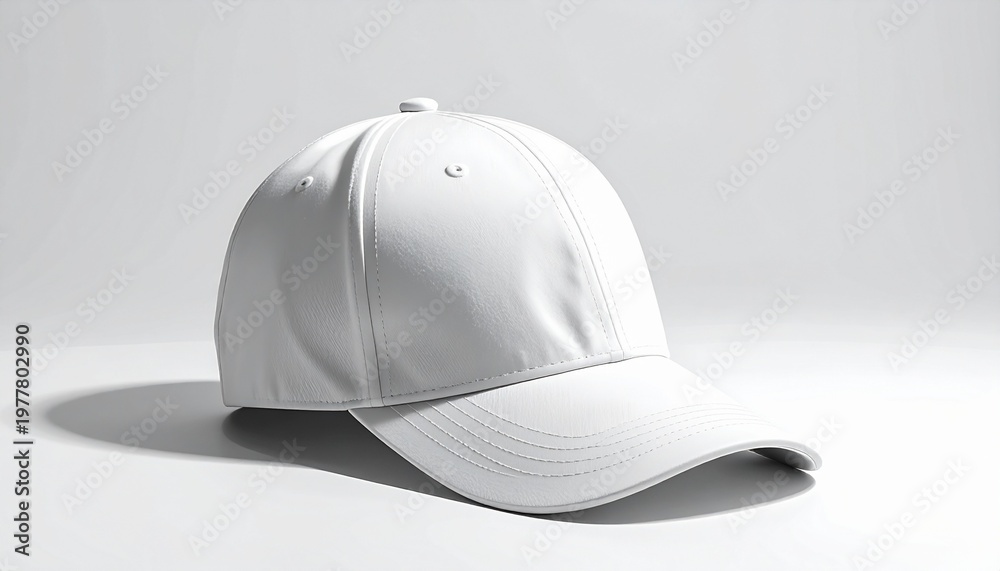 Fototapeta premium A white baseball cap sits on a plain surface with a subtle shadow cast on a light gray background.