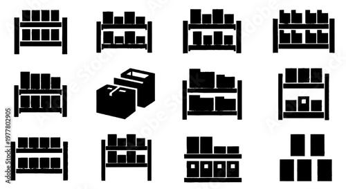 Vector illustration of set of warehouse shelf icons with boxes and storage containers on a transparent background