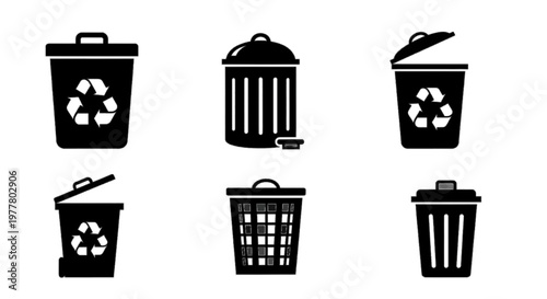 Vector illustration of set of black trash can icons on a transparent background