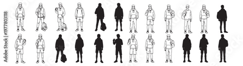 Teenage Boy Hoodie and Backpack Silhouettes and Line Art Poses Vector Character Set for Youth