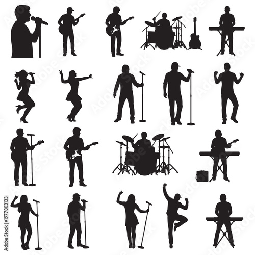 Silhouettes of Musicians and Singers Performing Live on Stage in Various Poses