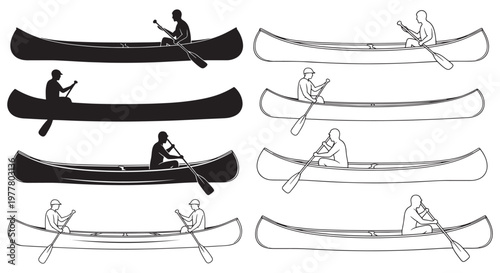 Canoe Paddling Silhouettes and Line Art Set of Single and Tandem Canoes