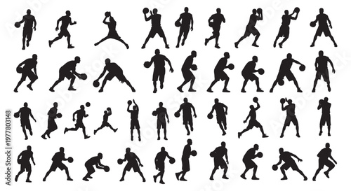 Basketball Player Silhouettes Set Showing Dribbling Shooting Passing and Athletic Action Poses