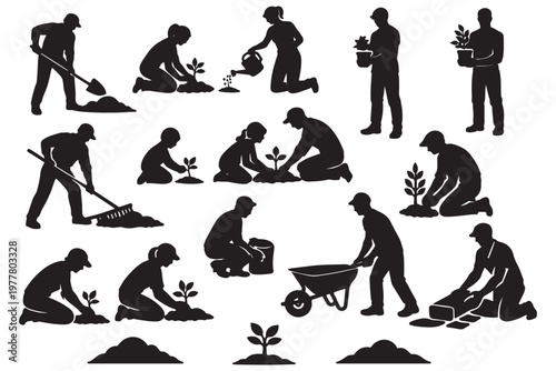 Community Gardening and Tree Planting Silhouettes Showing Volunteers Working Together in Urban Landscaping