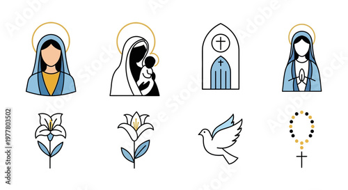 Religious Icons: Virgin Mary, Jesus, Church, Lily, Dove, Rosary