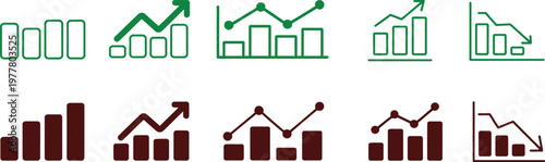 Collection of green and brown bar charts and line graphs showing upward and downward trends