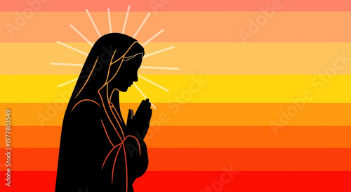 Silhouette of Virgin Mary praying, halo, against colorful striped background