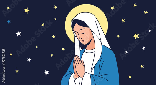 Virgin Mary praying under starry night sky, halo, spiritual, religious illustration