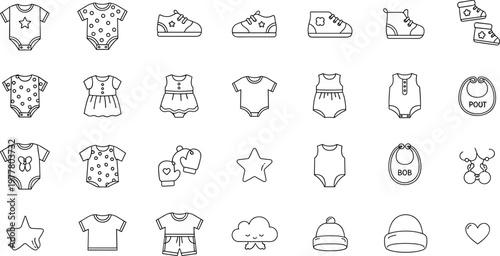 Set of Baby Clothing and Accessories Icons Featuring Onesies, Dresses, Shoes, Bibs, Hats, and Infant Apparel Collection