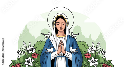Virgin Mary praying with doves and flowers, religious illustration