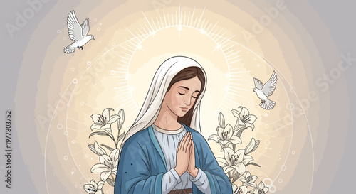 Virgin Mary Praying with Doves and Lilies, Religious Illustration