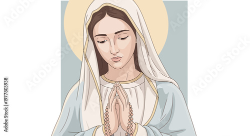 Virgin Mary Praying with Rosary, Religious Icon, Catholic Faith, Spiritual Art