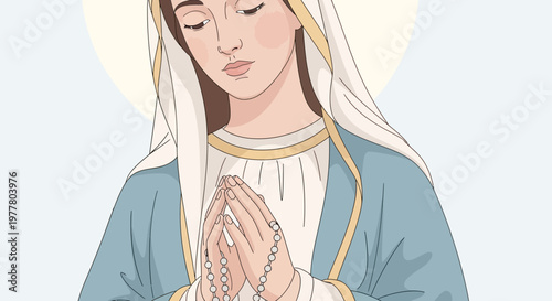 Virgin Mary Praying with Rosary, Religious Illustration, Catholic Faith