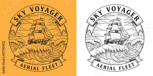 Sky Voyager Aerial Fleet Vintage Sailing Ship In Clouds Illustration