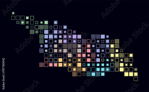 Georgia, shape of the country build of colored cells. Digital style map of the Georgia on dark background. Large size square blocks. Abstract vector illustration.