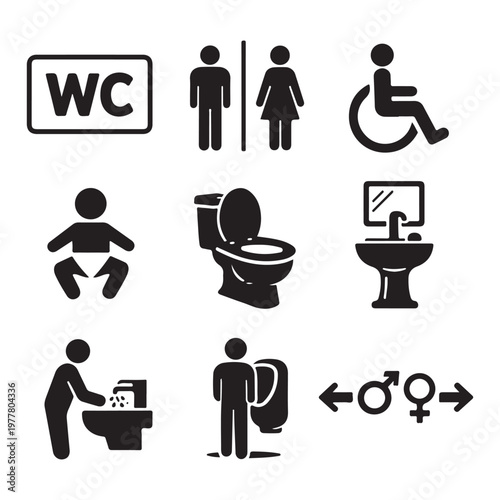 Toilet Icon Set – WC, Public Bathroom and Washroom Symbols Vector Illustration