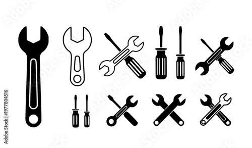 Wrench and screwdriver flat icon set black and white repair tools collection vector
