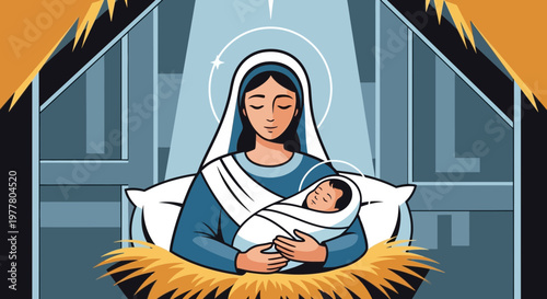 Nativity Scene: Mary holding baby Jesus in manger, star shining above, peaceful illustration