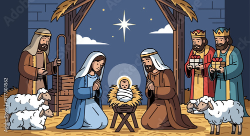 Nativity Scene Illustration: Baby Jesus, Mary, Joseph, Shepherds, Three Kings, Sheep