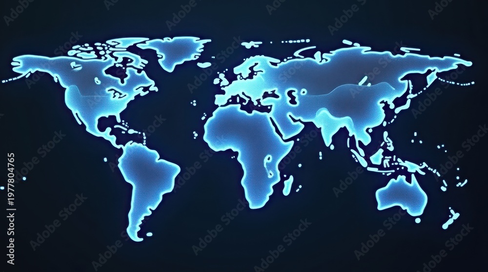 Fototapeta premium A glowing blue map of the world on a dark background
