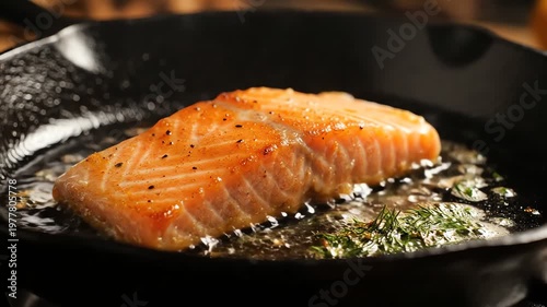 Salmon fillet cooking in hot oil in a cast iron skillet with herbs
