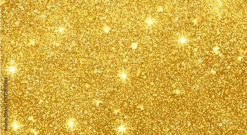 A vibrant and sparkling golden glitter background with numerous bright highlights, creating a festive and luxurious texture.