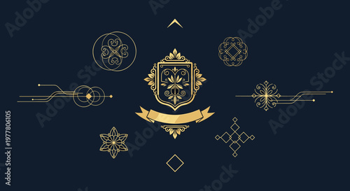 Elegant golden geometric and ornate decorative elements on a dark blue background, featuring a central shield emblem and various abstract patterns.