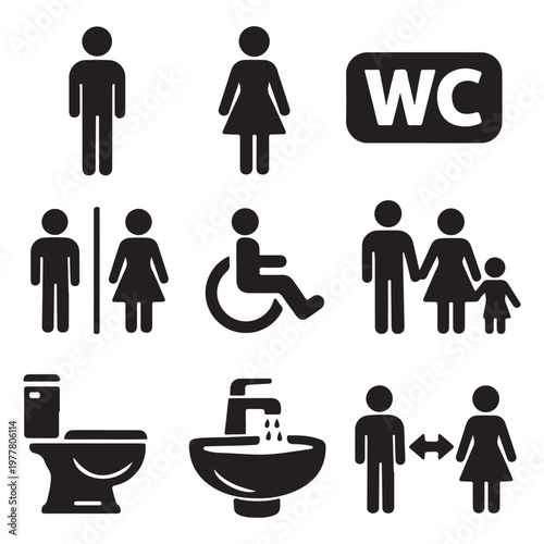 Toilet Icon Set – WC, Public Bathroom and Washroom Symbols Vector Illustration