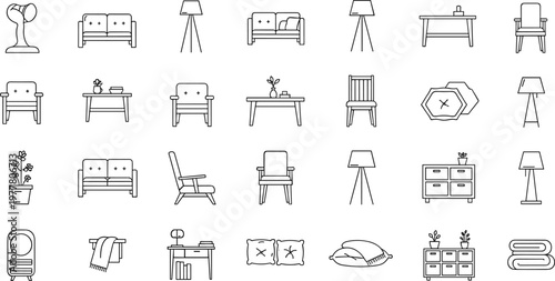 Modern furniture and home interior line icons set with sofa chair table lamp decor and living space design concepts