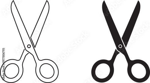 A black and white illustration depicts two pairs of scissors one outlined and one filled showcasing a simple design high quality professional detailed modern elegant stylish