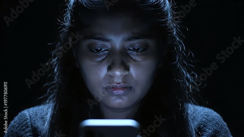 Young woman engrossed in smartphone screen at night, illuminated by blue light.