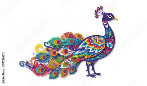 Artistic Colorful Peacock in Intricate Paper Cut Style with Floral Inspired Feather Patterns on White Background