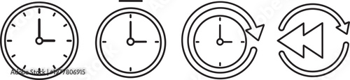 A sequence of four black line art icons depicts clocks showing different times and a recycle symbol high quality professional detailed modern elegant stylish clean crisp