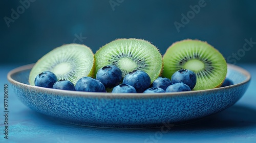 Fresh Kiwi Slices and Blueberries in a Blue Bowl.