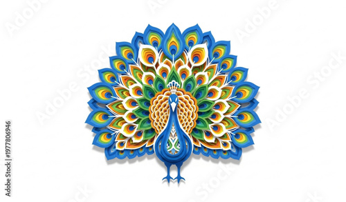 Colorful Paper Cut Peacock Illustration with Intricate Layered Papercraft Design on White Background