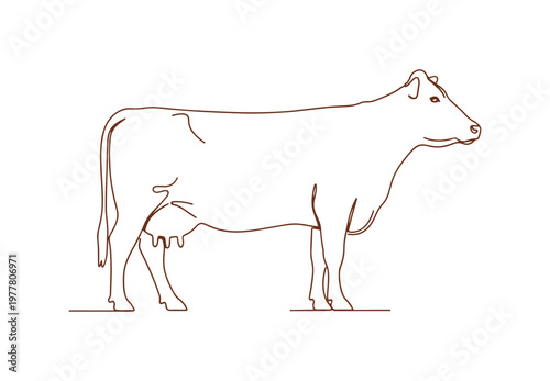 Minimal one-line drawing of a dairy cow standing in profile, isolated on white.