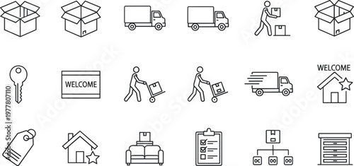 Moving and Delivery Service Icons Set with Packing Boxes Trucks Workers New Home Welcome Signs and Logistics Outline Vector Collection