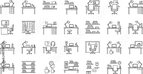 Office workspace and desk setup line icons set with computer furniture productivity organization and modern work environment concepts