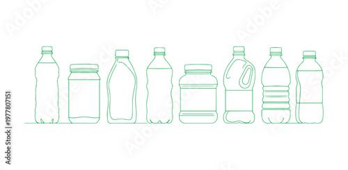 Set of beverage bottle icons made from plastic and PET materials.
