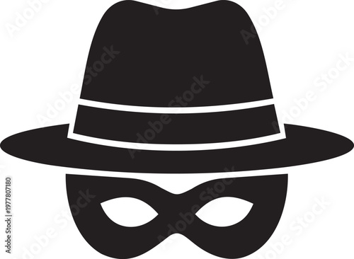 A stark silhouette depicts a fedora hat positioned above a masked face suggesting anonymity or secretive intent high quality professional detailed modern elegant stylish clean crisp