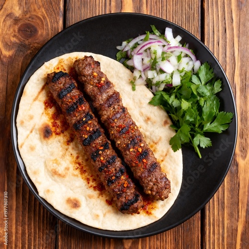 Adana Kebab on Flatbread with Onion Salad and Parsley