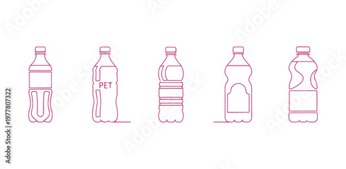 Vector set of plastic and PET bottles in a variety of shapes and sizes.