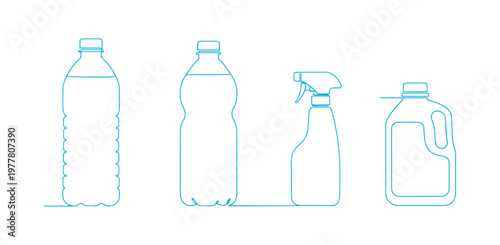 Assorted plastic and PET bottle icons in different forms, vector illustration.