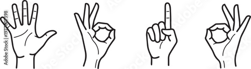 A series of hand illustrations depict different finger counts and gestures showcasing common hand signals and poses high quality professional detailed modern elegant stylish clean crisp