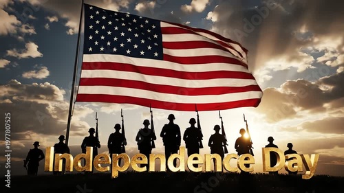 American Flag Waving with Soldiers and 